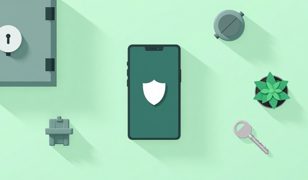 Ilustração: smartphone com escudo de proteção na tela, ao lado de cofre, chave e planta
