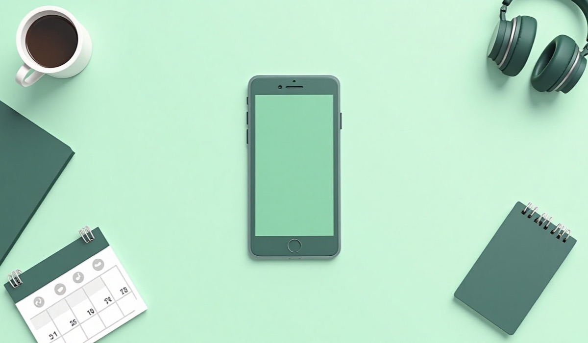 Ilustração: smartphone cercado por fones de ouvido, calendário e blocos de notas sobre a mesa