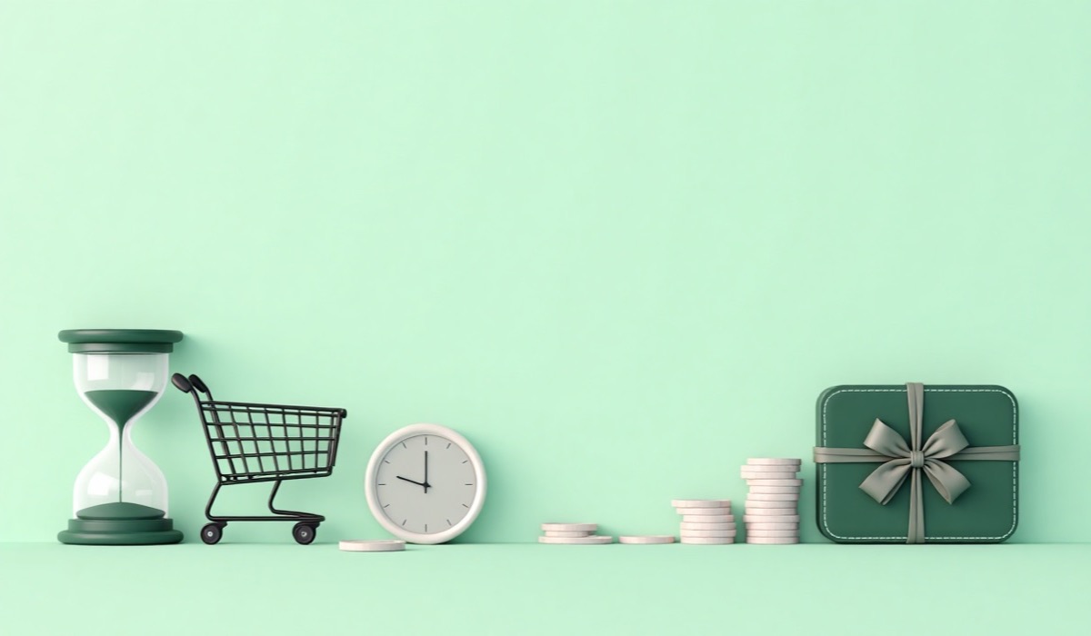 Ilustração: ampulheta, carrinho de compras, relógio, moedas e presente amarrado com laço