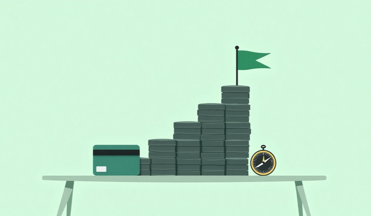 Ilustração: cartão de crédito diante de uma escada de moedas que sobe até uma bandeira verde