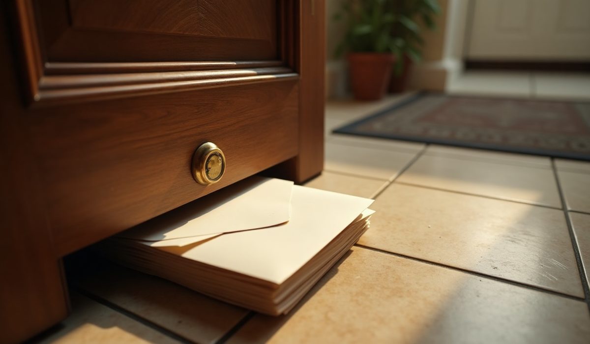 Foto: pilha de envelopes lisos emergindo por baixo da porta de entrada de madeira, sobre piso de azulejos, com tapete e planta ao fundo, luz quente de manhã