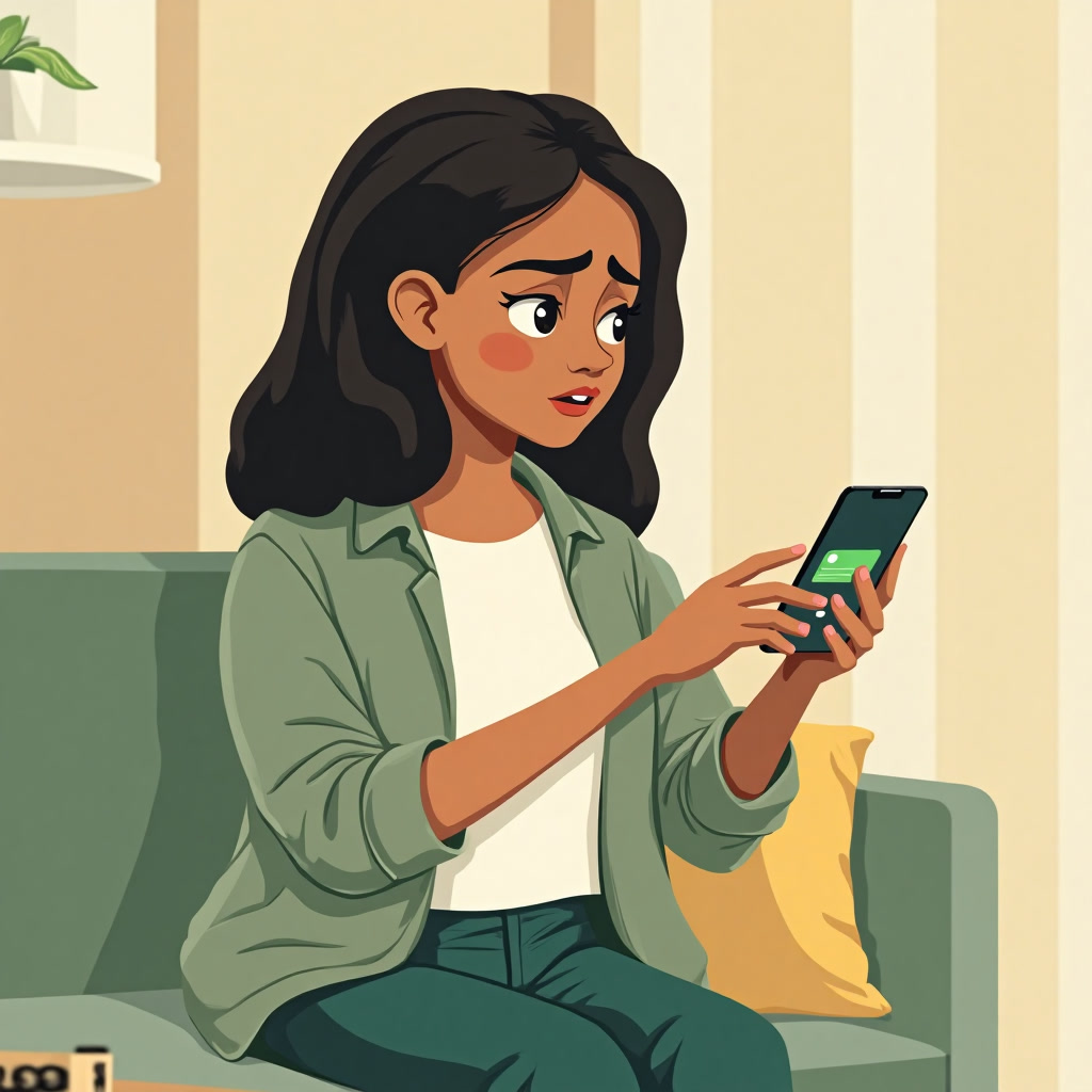 Mulher brasileira preocupada olhando o celular com a fatura alta do cartão de crédito
