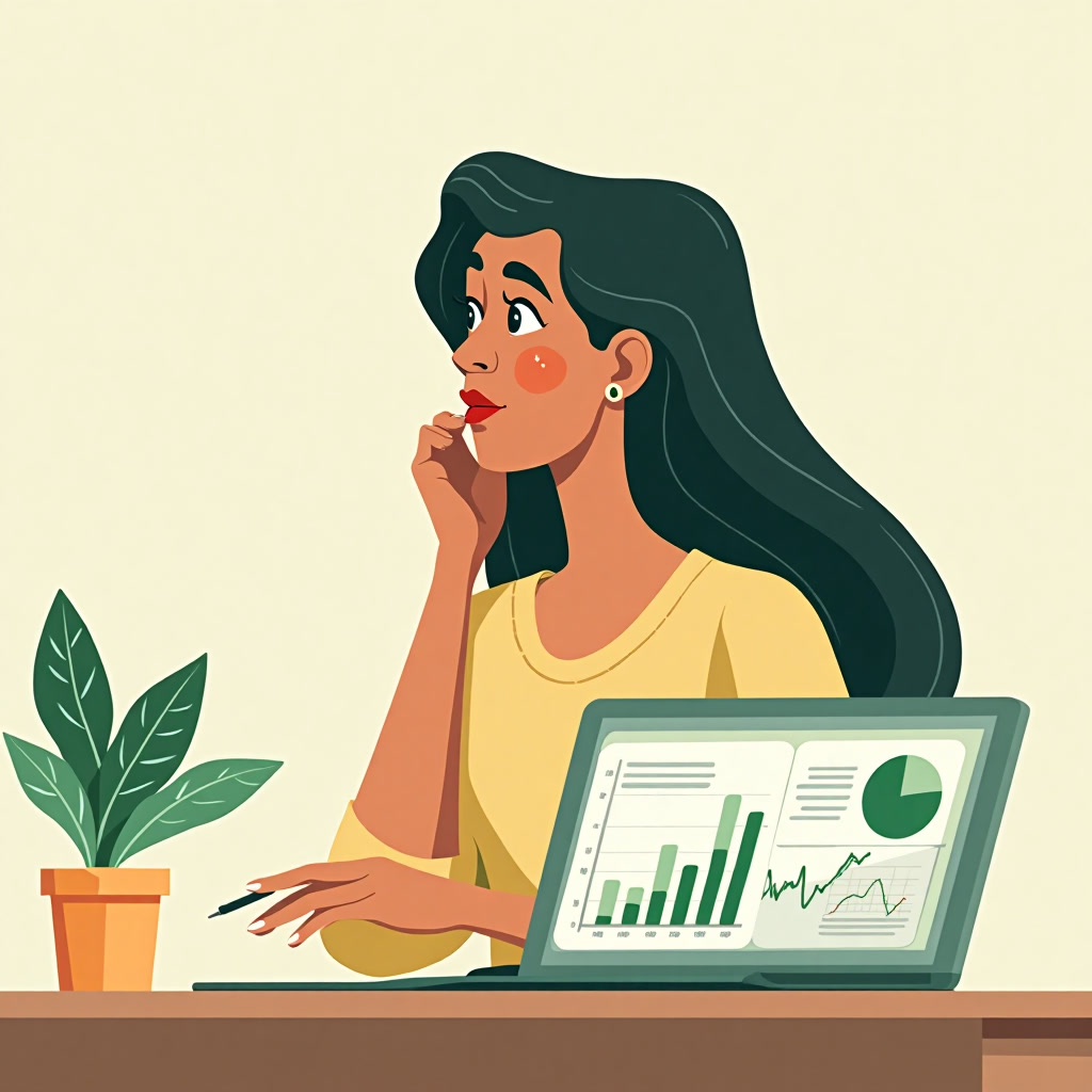 Mulher brasileira analisando projeções financeiras no laptop com expressão pensativa, mesa organizada ao fundo
