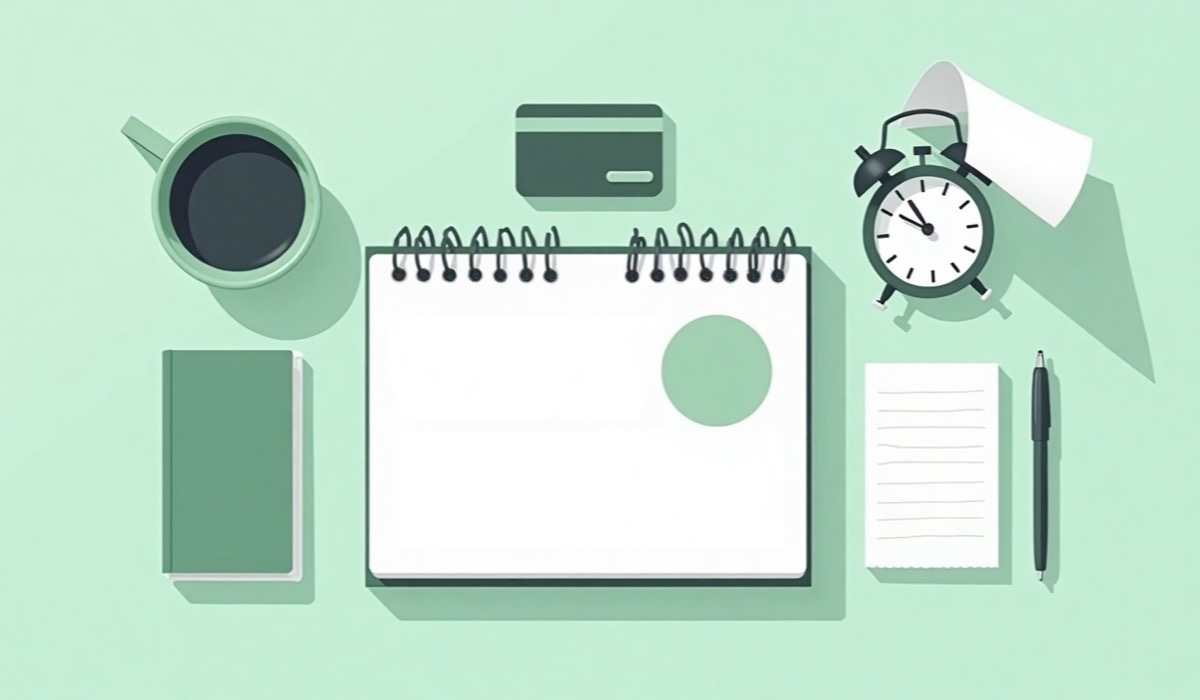 Ilustração: calendário de mesa com um dia circulado, cartão de crédito, despertador e xícara de café