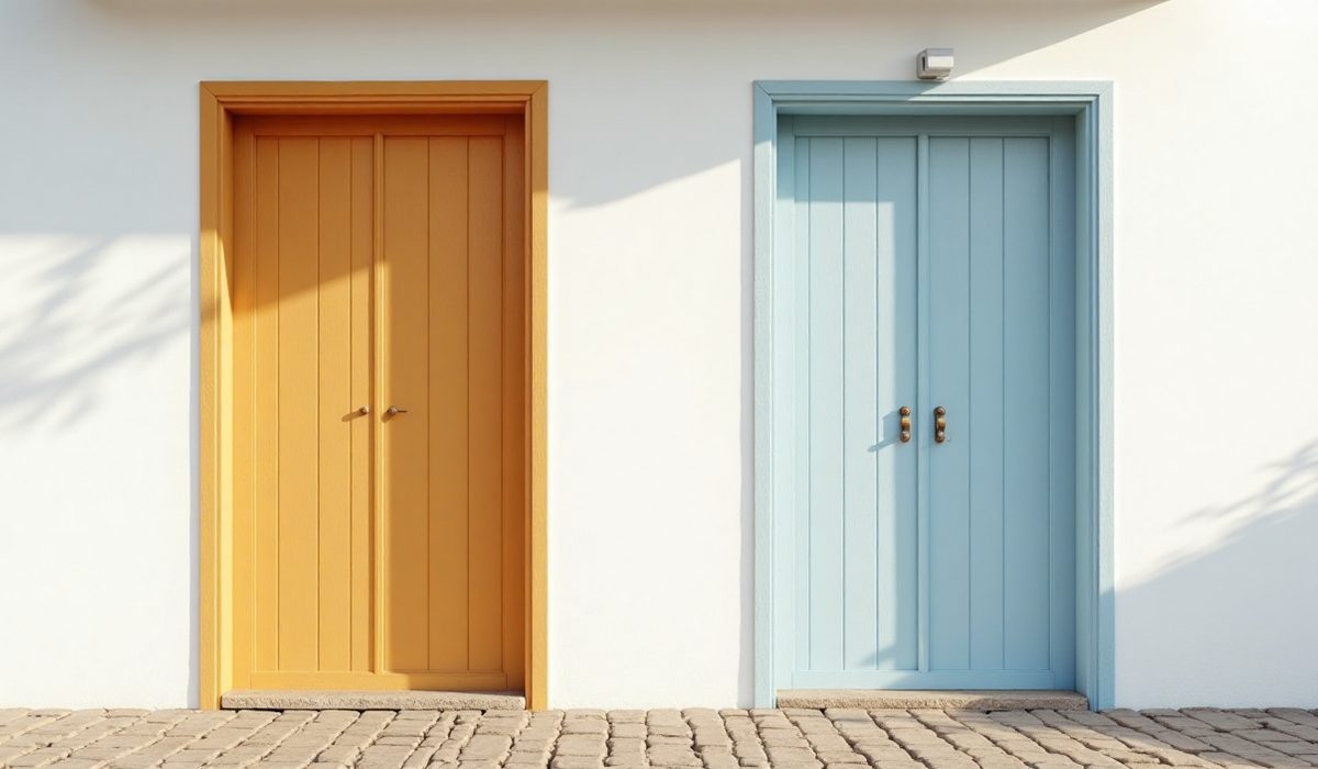 Foto: duas portas de madeira fechadas lado a lado numa parede caiada, a porta da esquerda pintada de ocre e a da direita de azul claro, calçada de pedras e luz da manhã