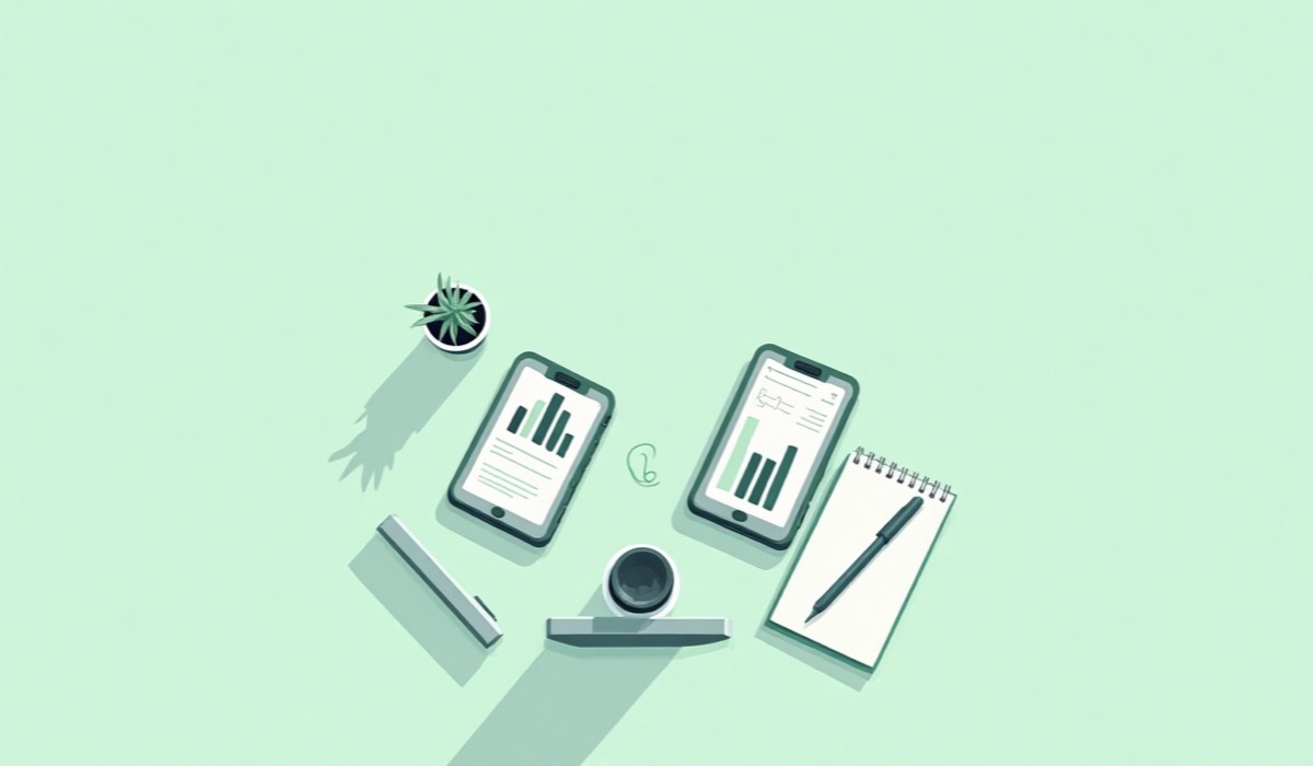 Ilustração: dois smartphones lado a lado exibindo gráficos, com bloco de notas e caneta sobre a mesa