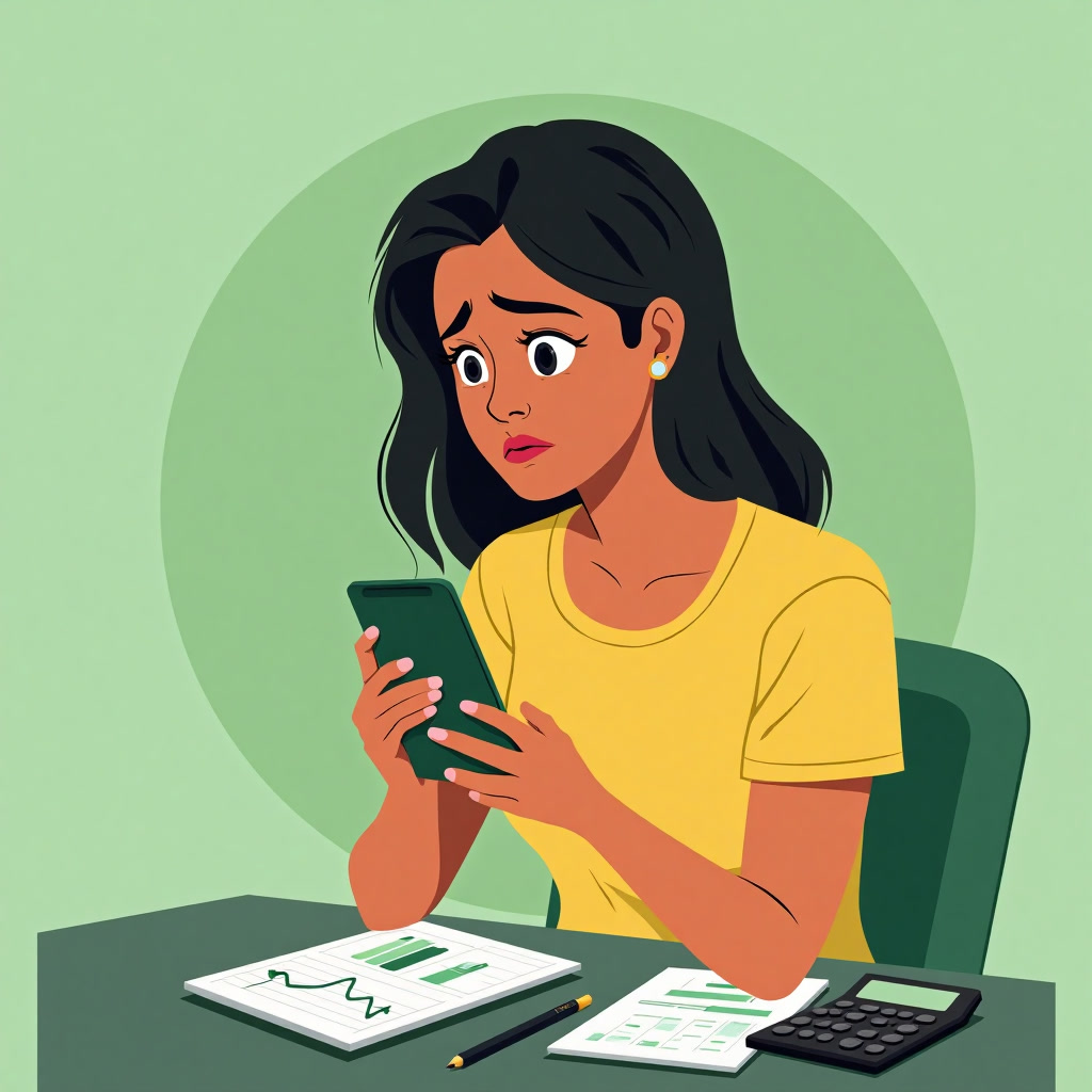 Mulher brasileira preocupada olhando projeções financeiras no celular, com caderno e calculadora na mesa
