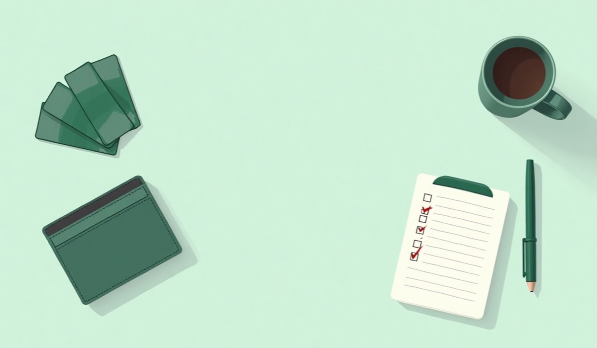 Ilustração: leque de cartões de crédito ao lado de carteira, lista de verificação e xícara de café