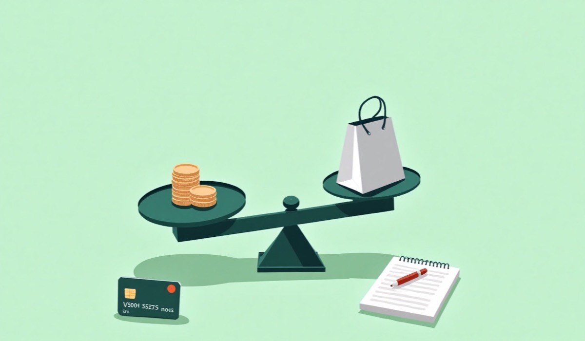 Ilustração: balança com moedas de um lado e sacola de compras do outro, ao lado de cartão de crédito e calculadora