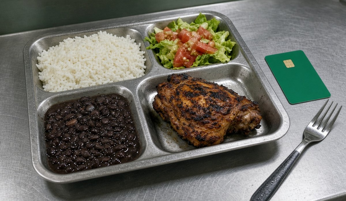 Foto: bandeja de inox com arroz, feijão, frango grelhado e salada, ao lado de um cartão verde liso, no balcão de um refeitório